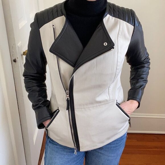 Coach Black & White Leather Moto Jacket - Picture 5 of 16